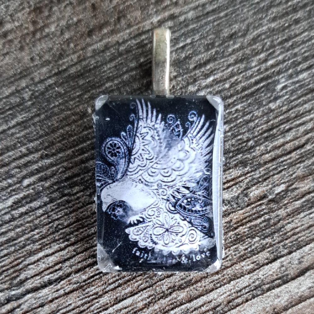 Hand crafted 1" Glass tile Pendant Intricate Black and White Dove Bird Pendant